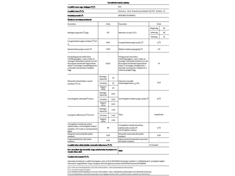 AEG L8FBE48SI Beépíthető gőzmosógép