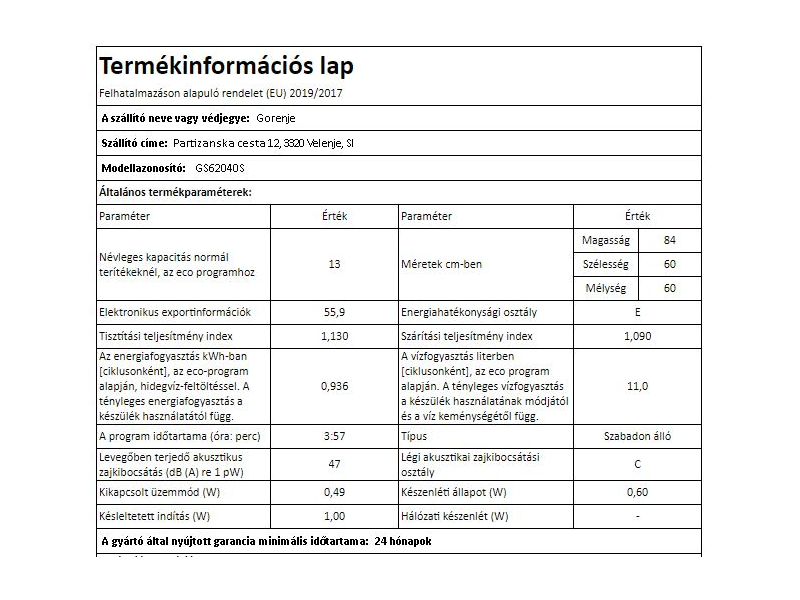 Gorenje GS62040S Mosogatógép