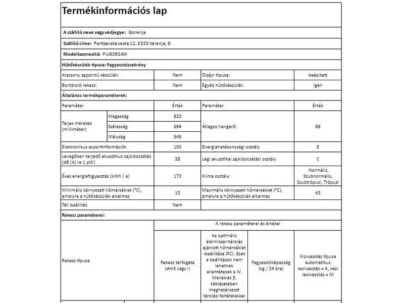 GORENJE FIU6092AW Pult alá építhető fagyasztószekrény