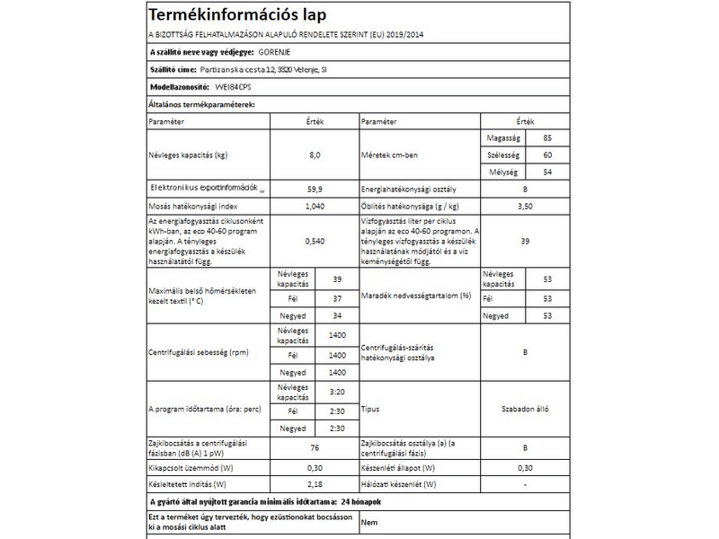 Gorenje WEI84CPS Elöltöltős mosógép