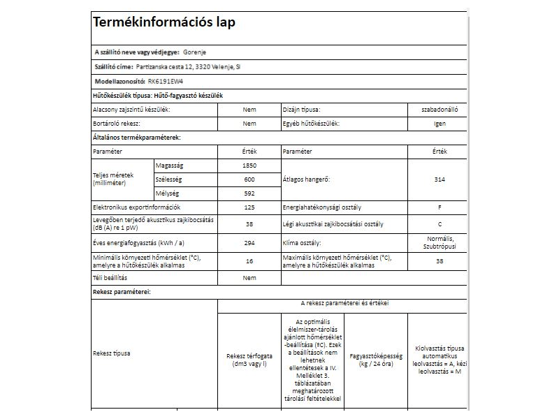 Gorenje RK6191EW4 Alulfagyasztós kombinált hűtőszekrény