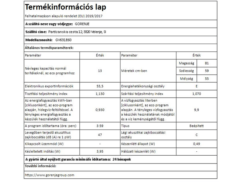 Gorenje GV631E60 Beépíthető mosogatógép