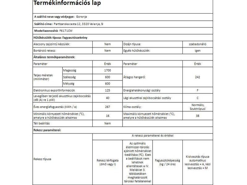 Gorenje F6171CW Fagyasztószekrény
