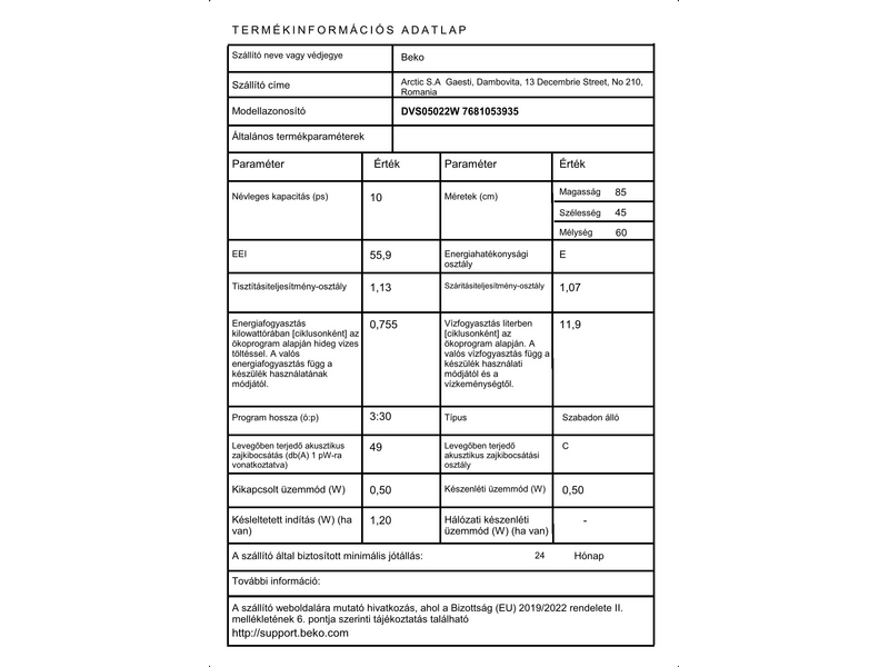 BEKO DVS05022W Mosogatógép