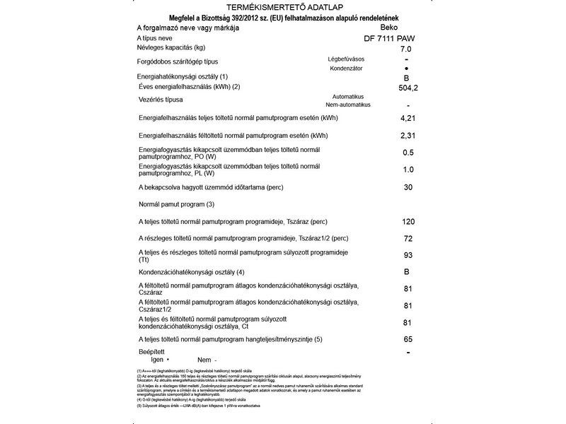 BEKO DF7111PAW Kondenzációs szárítógép