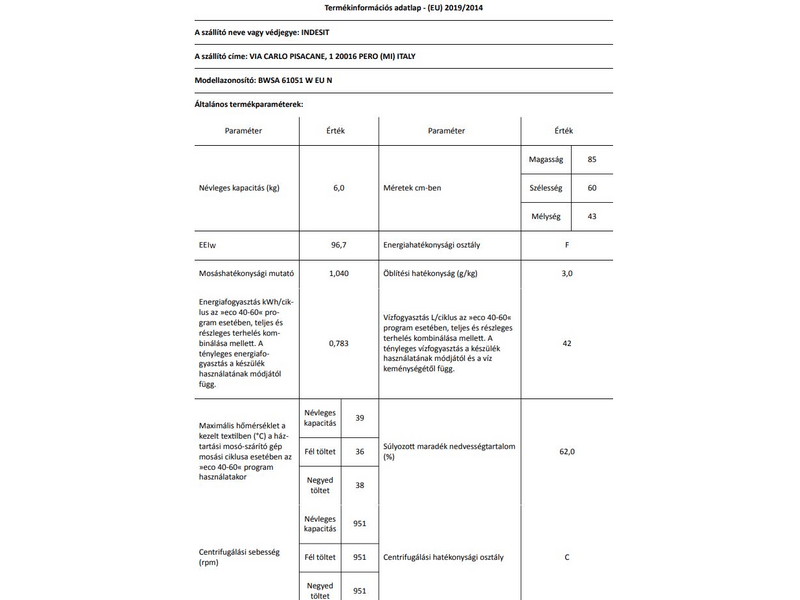 Indesit BWSA 61051 W EU N Elöltöltős mosógép
