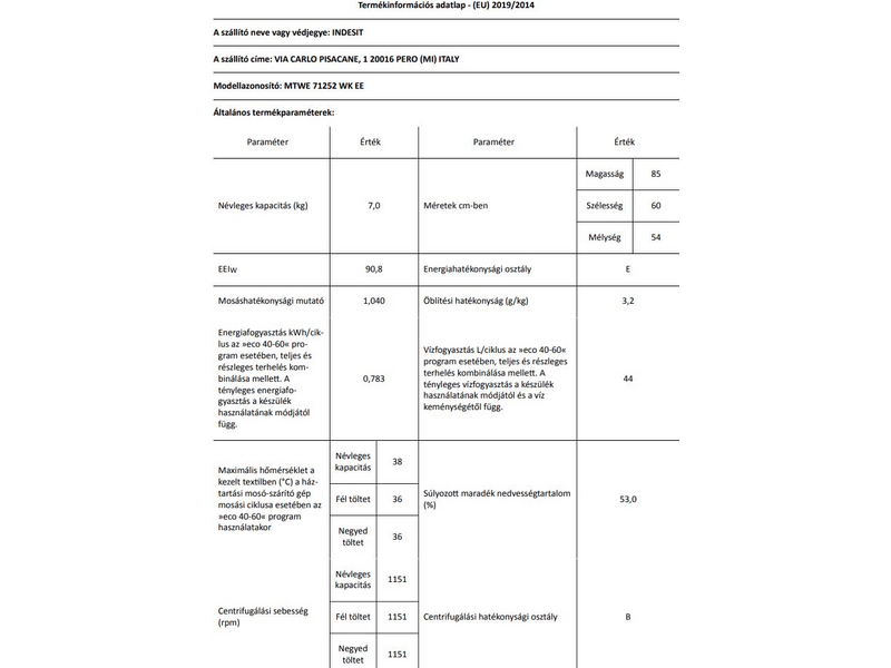 Indesit MTWE 71252 WK EE Elöltöltős mosógép