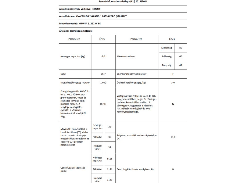 Indesit MTWSA 61252 W EE Elöltöltős mosógép