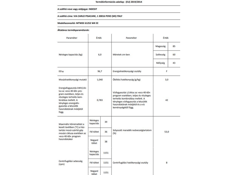 Indesit MTWSE 61252 WK EE Elöltöltős mosógép