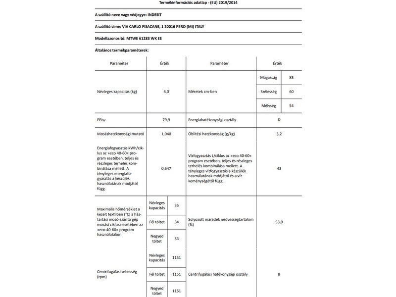 Indesit MTWE 61283 WK EE Elöltöltős mosógép