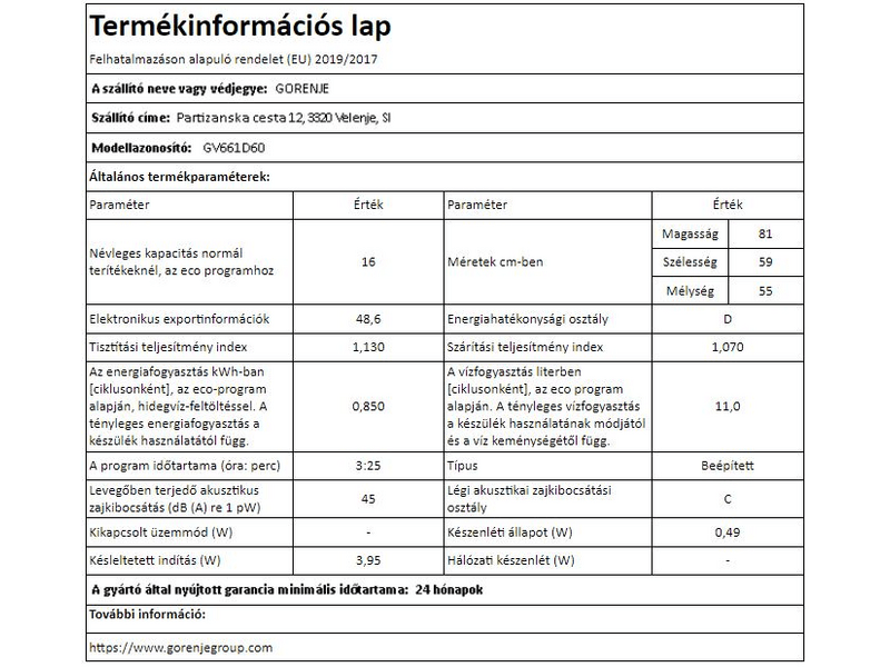 Gorenje GV661D60 Beépíthető mosogatógép