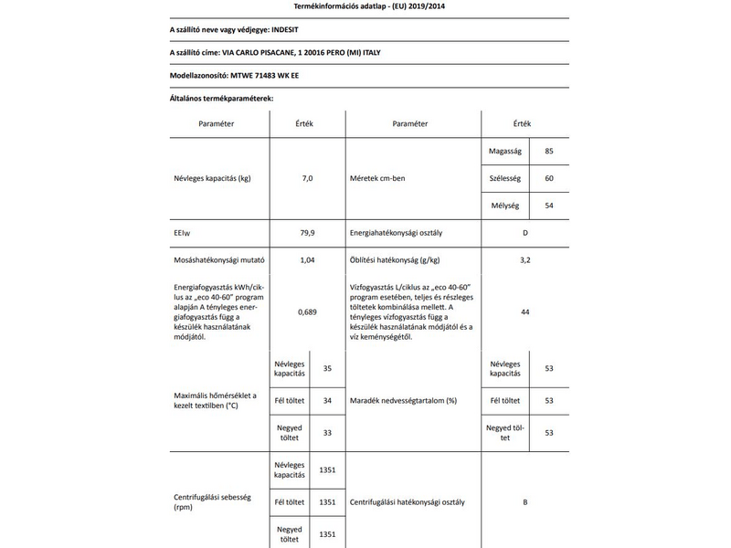 Indesit MTWE 71483 WK EE Elöltöltős mosógép