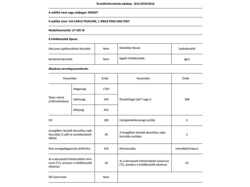 Indesit LI7 S2E W Alulfagyasztós kombinált hűtőszekrény, Fehér