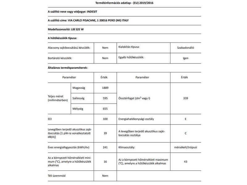 Indesit LI8 S2E W Alulfagyasztós hűtőszekrény, fehér