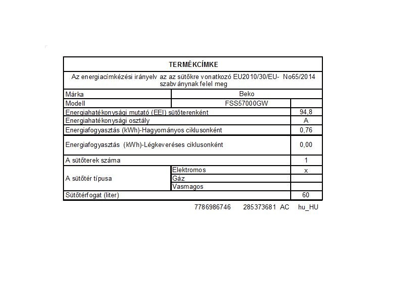BEKO FSS57000GW Villanytűzhely