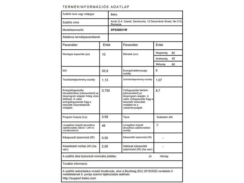 BEKO DFS28021W Szabadonálló mosogatógép, Fehér