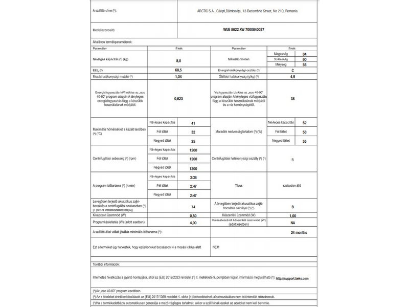 Beko WUE8622XW Elöltöltős mosógép
