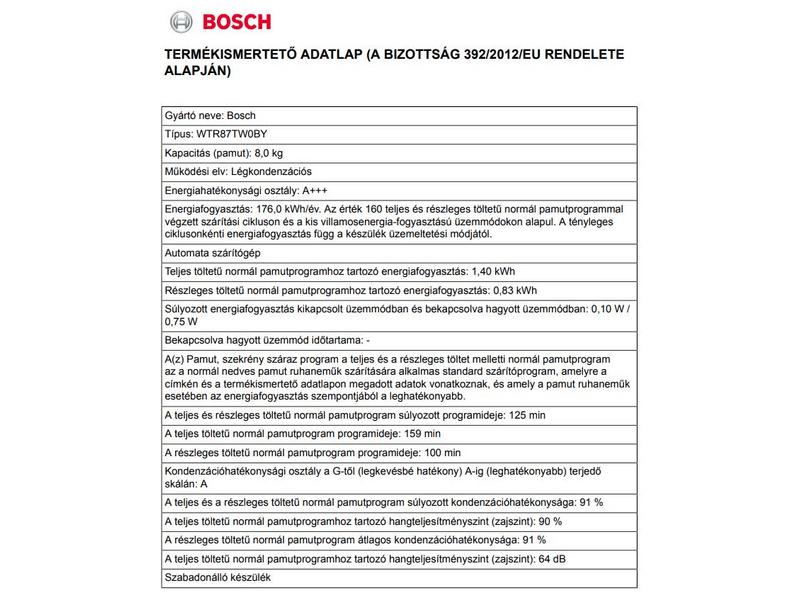 BOSCH WTR87TW0BY Hőszivattyús szárítógép