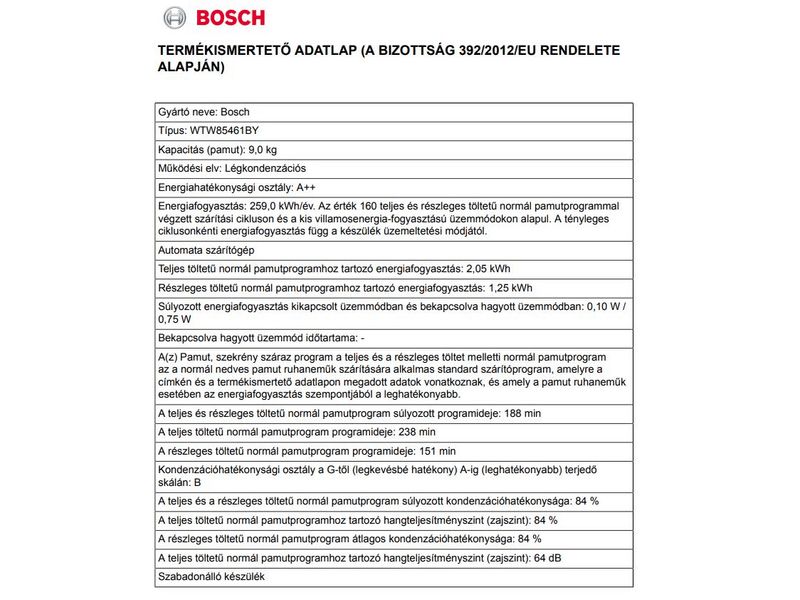 BOSCH WTW85461BY Kondenzációs szárítógép hőszivattyúval