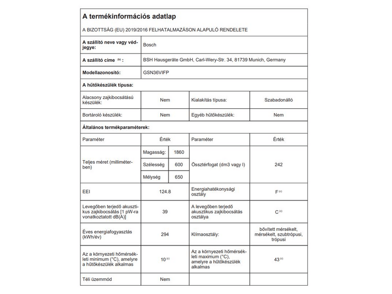 Bosch GSN36VIFP Fagyasztószekrény