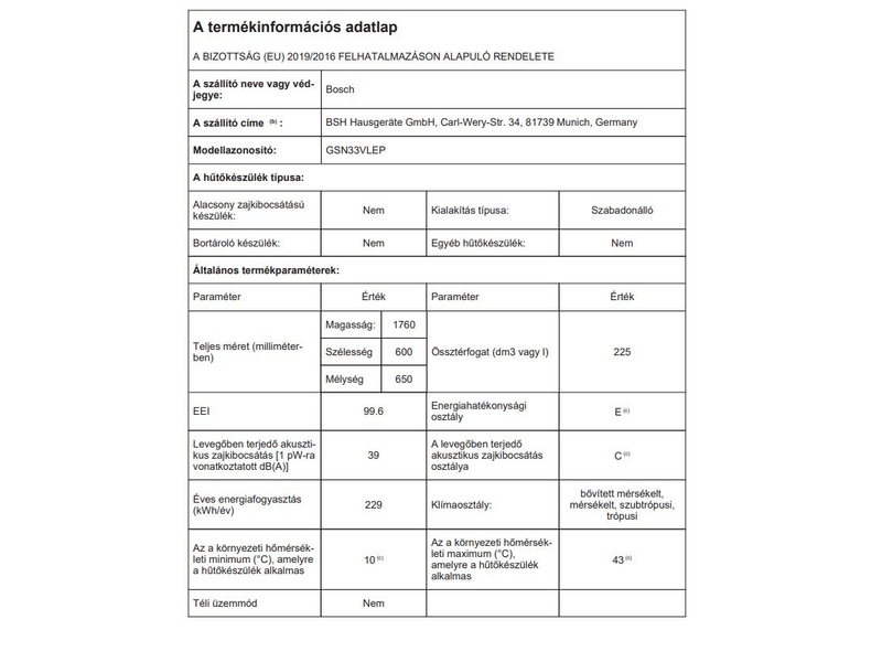 Bosch GSN33VLEP Fagyasztószekrény