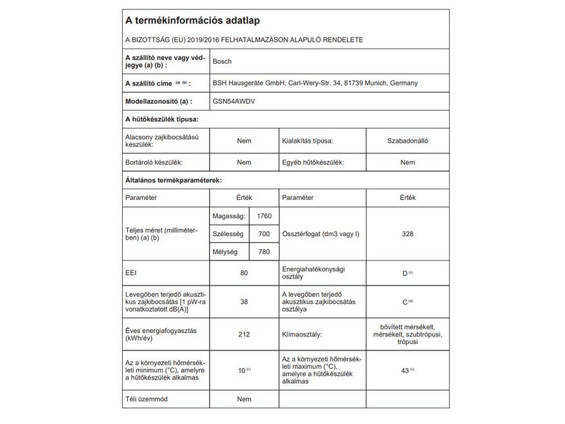 Bosch GSN54AWDV Fagyasztószekrény