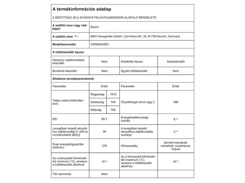 BOSCH GSN58AWEV Fagyasztószekrény