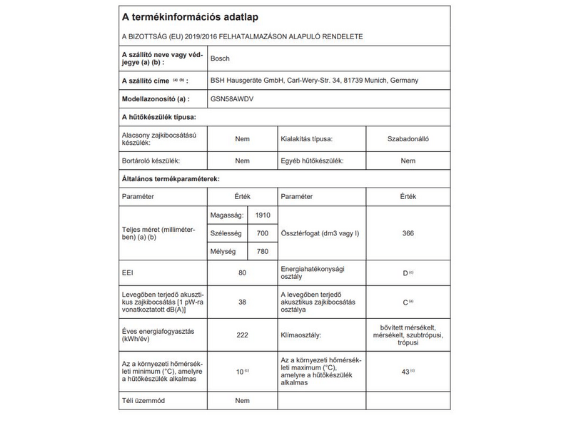 Bosch GSN58AWDV Fagyasztószekrény