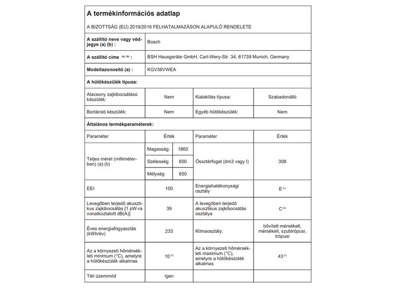 Bosch KGV36VWEA Alulfagyasztós kombinált hűtőszekrény
