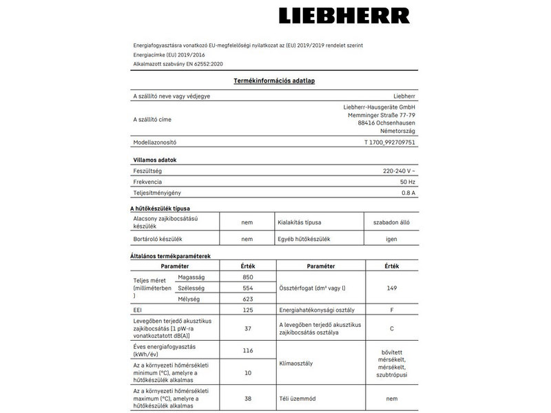 Liebherr T1700 Egyajtós hűtőszekrény