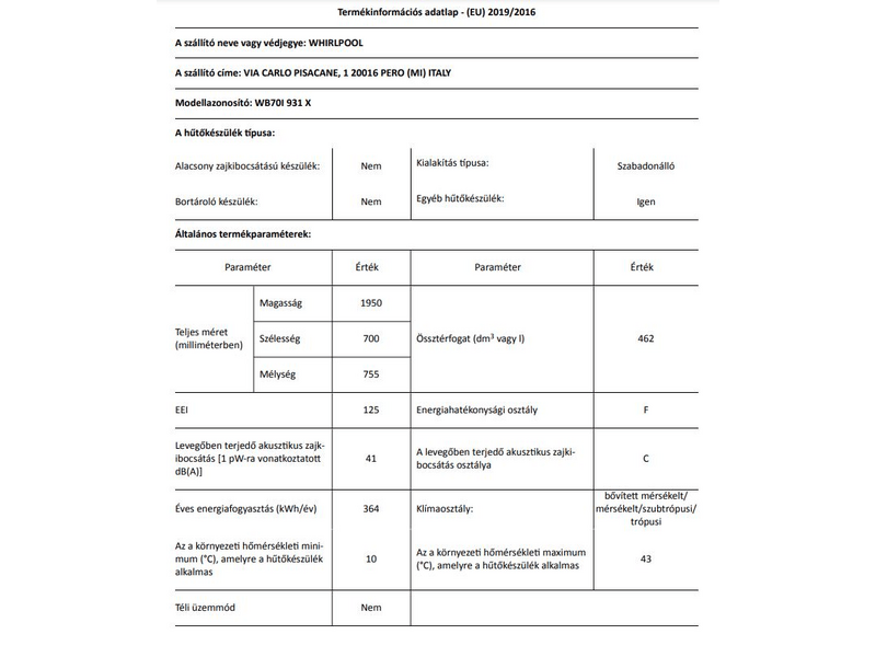 Whirlpool WB70I 931 X NoFrost alulfagyasztós hűtőszekrény