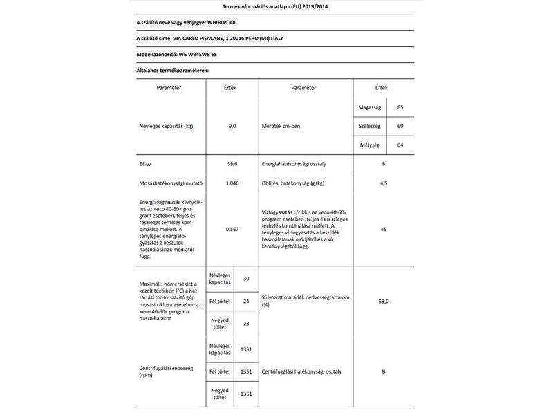 Whirlpool W6 W945WB EE elöltöltős gőzfunkciós mosógép
