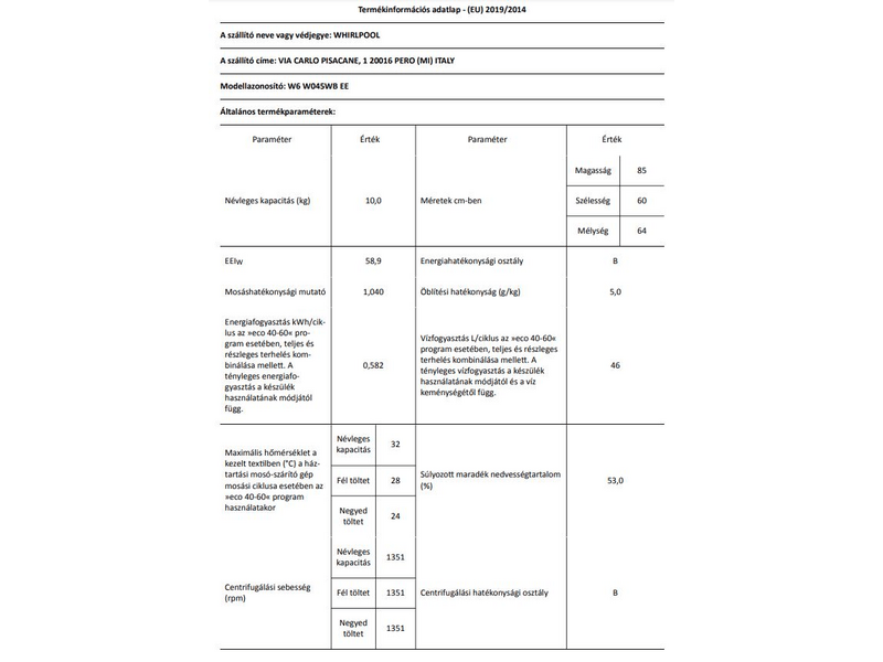 Whirlpool W6 W045WB EE Elöltöltős gőzfunkciós mosógép