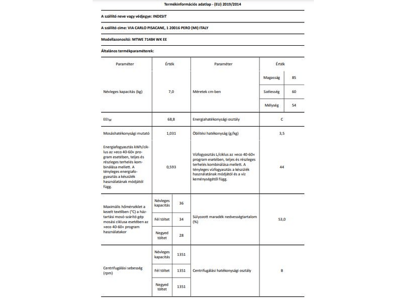 Indesit MTWE71484WKEE szabadonálló elöltöltős mosógép, 7 kg
