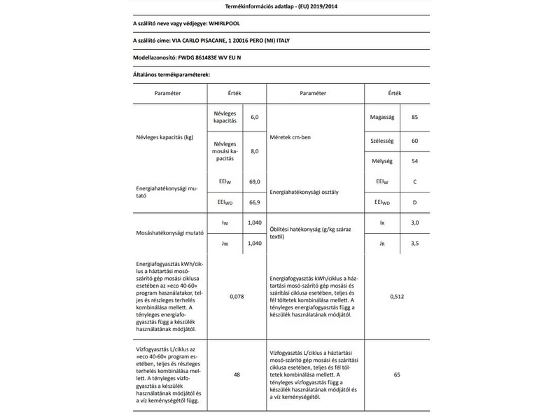 Whirlpool FWDG 861483E WV EU N Mosó- és szárítógép