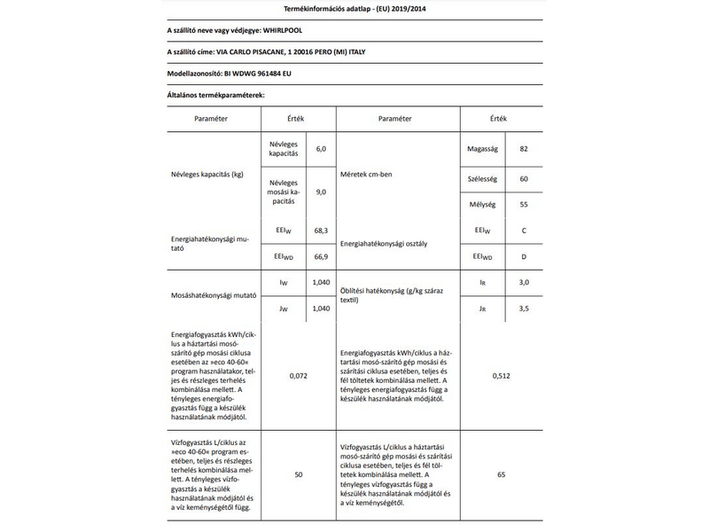 Whirlpool BI WDWG 961484 EU Beépíthető mosó-szárítógép