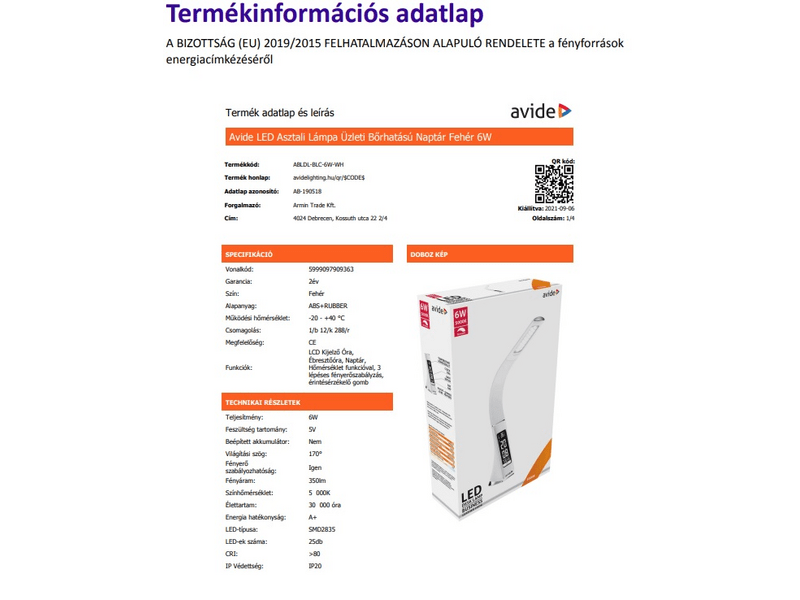 Avide ABLDL-BLC-6W-WH LED asztali lámpa, fehér