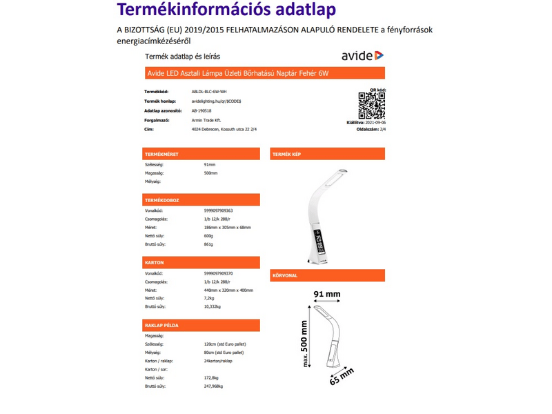 Avide ABLDL-BLC-6W-WH LED asztali lámpa, fehér