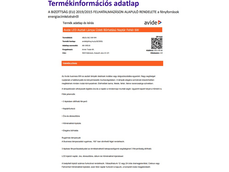 Avide ABLDL-BLC-6W-WH LED asztali lámpa, fehér