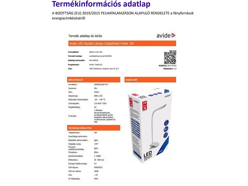 Avide ABLDL-CLIP-3W Csíptethető asztali LED lámpa, fehér