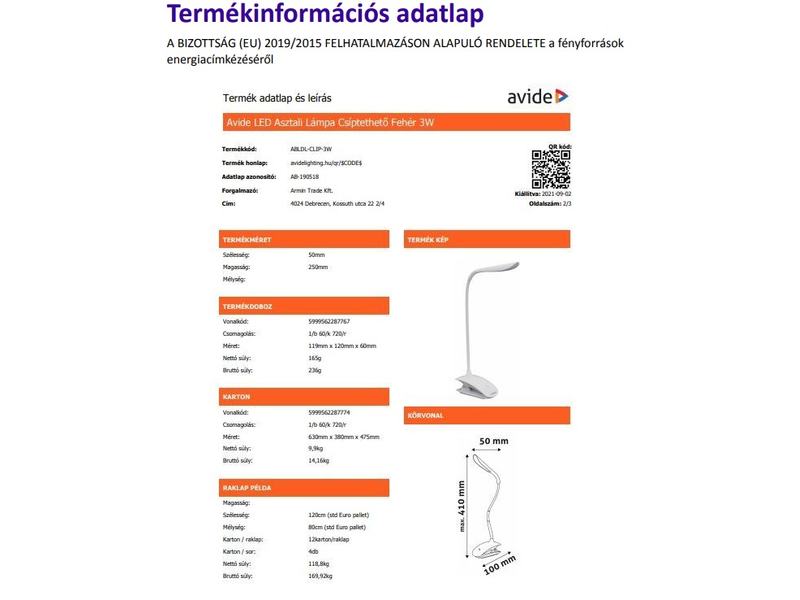 Avide ABLDL-CLIP-3W Csíptethető asztali LED lámpa, fehér