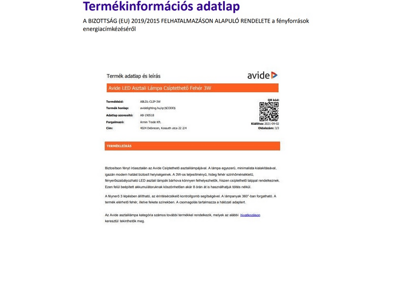 Avide ABLDL-CLIP-3W Csíptethető asztali LED lámpa, fehér