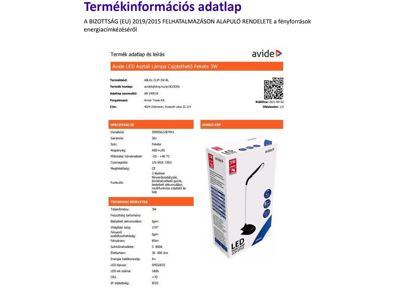Avide ABLDL-CLIP-3W-BL Csíptethető LED asztali lámpa, fekete