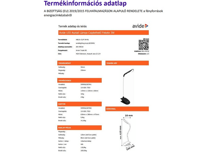 Avide ABLDL-CLIP-3W-BL Csíptethető LED asztali lámpa, fekete
