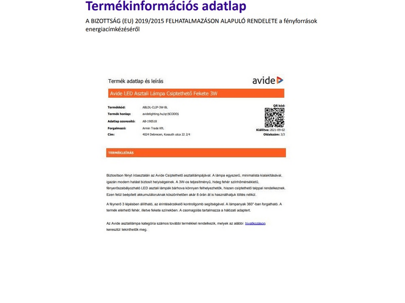 Avide ABLDL-CLIP-3W-BL Csíptethető LED asztali lámpa, fekete