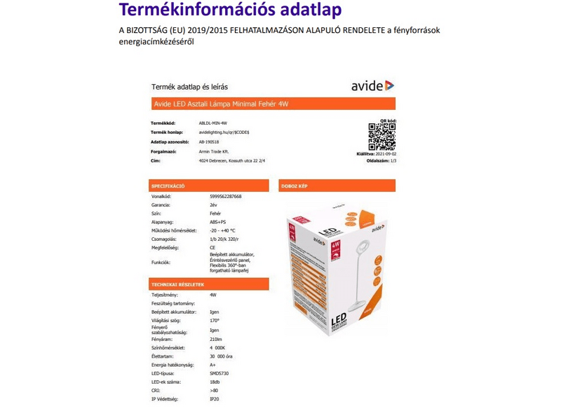 Avide ABLDL-MIN-4W LED asztali lámpa, fehér