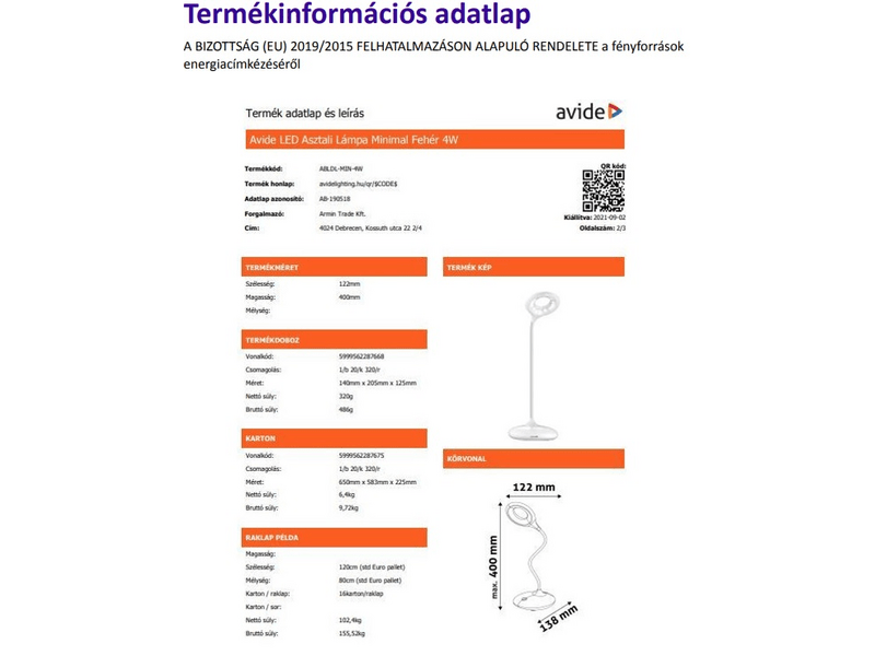 Avide ABLDL-MIN-4W LED asztali lámpa, fehér