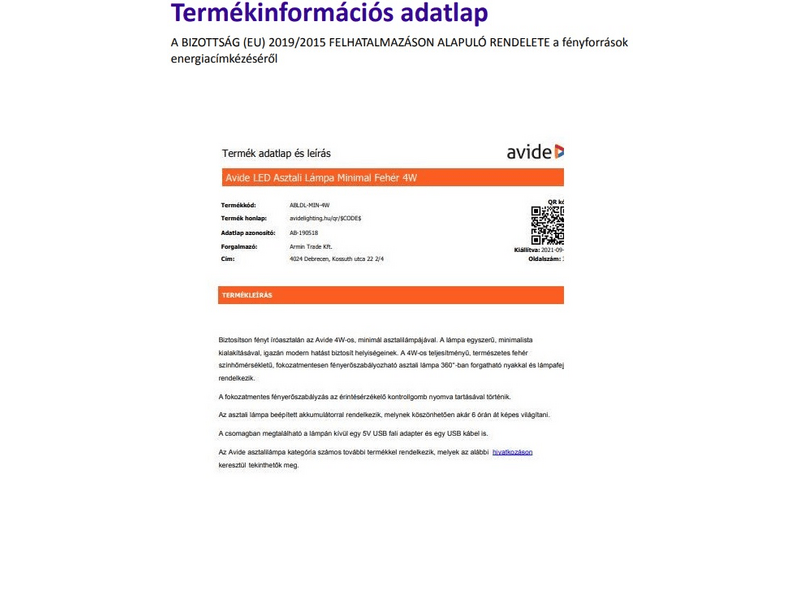 Avide ABLDL-MIN-4W LED asztali lámpa, fehér