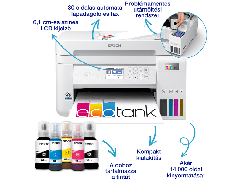 Epson L6276 színes MFP, DUPLEX, 14 000/5200 oldal tintával