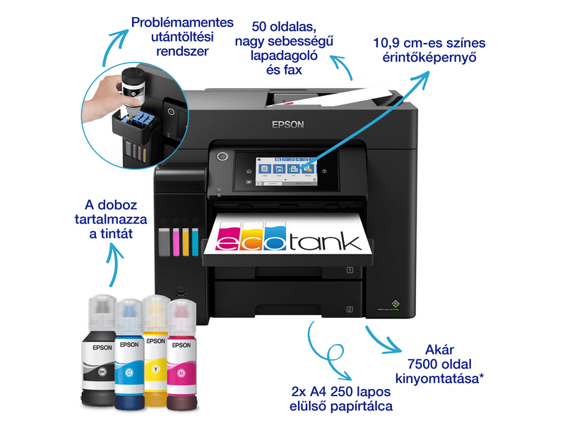 Epson L6570 színes MFP, Duplex, 8100/6500 oldal tintával